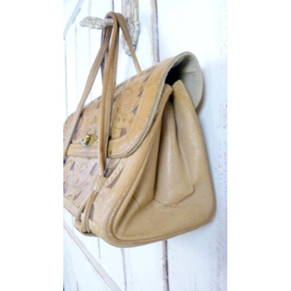 Vintage tan tooled embossed leather boho purse handbag - Picture 3 of 4